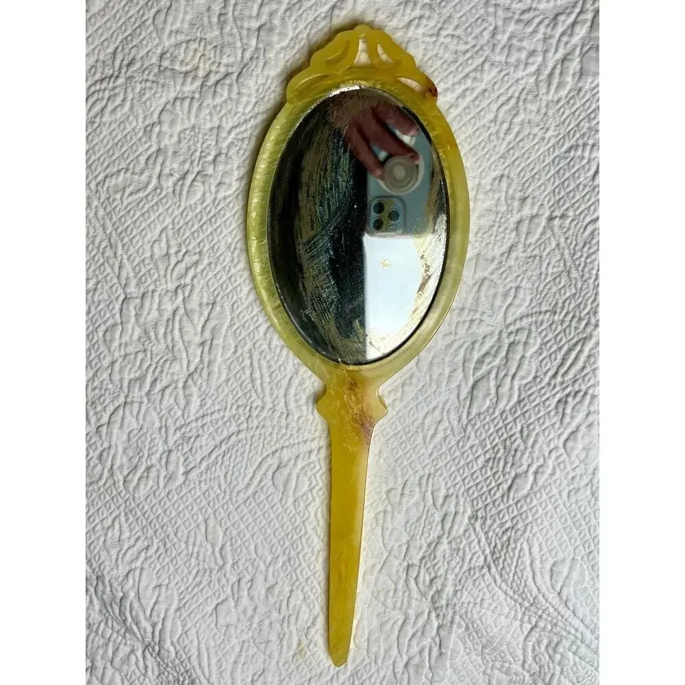 Vintage Art Deco Hand Mirror Gilt Fan Motif Celluloid 1920–30 Original Glass